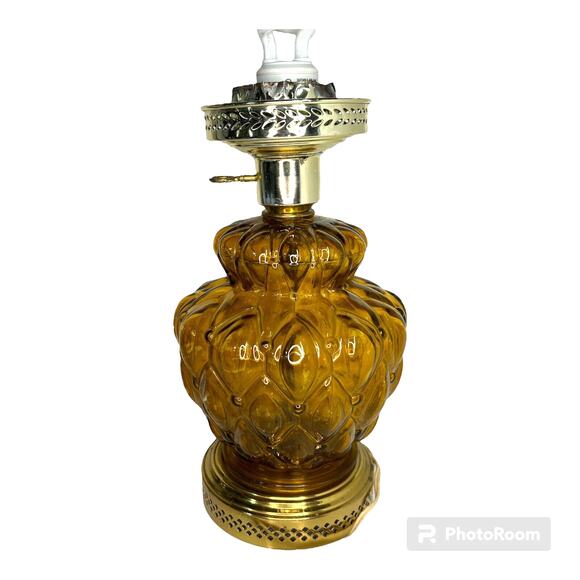 Unbranded Other - Vintage Quilted Amber Glass Brass Electric Hurricane Style MCM Table Lamp AS IS